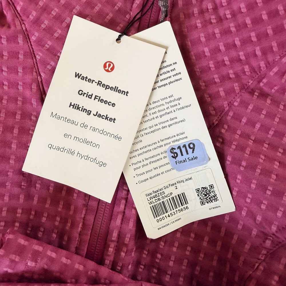 NWT LULULEMON Water-Repellent Grid Fleece Hiking Jacket Sz 2 Raspberry WLDB - Picture 2 of 9